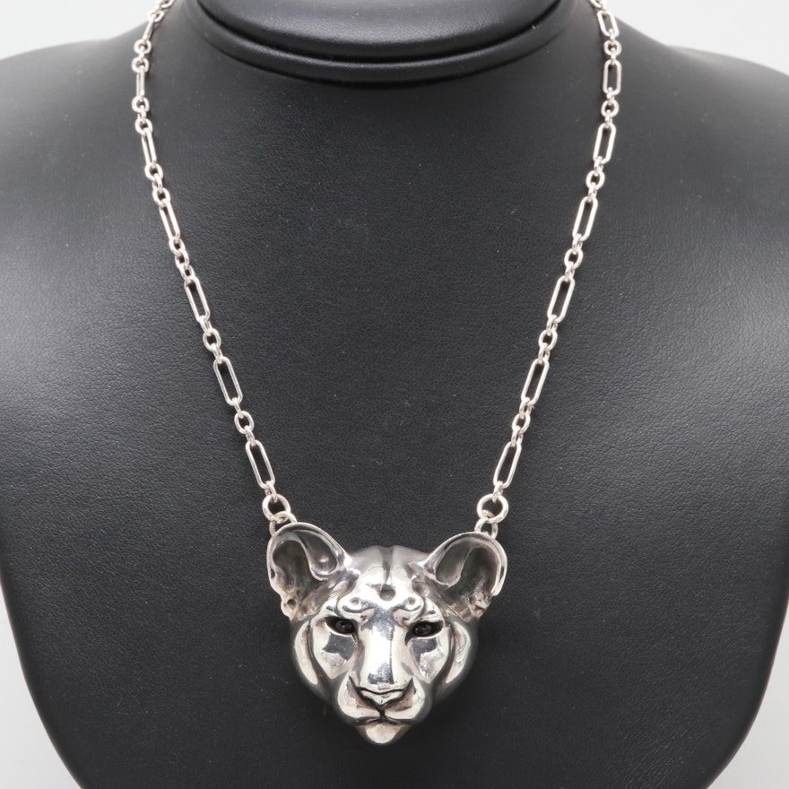 Brooke Stone Sterling Silver Black Onyx Mountain Lion Totem Necklace