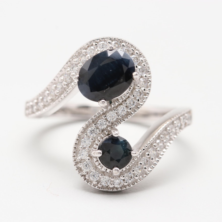 Sterling Silver Dark Blue Sapphire and Cubic Zirconia Ring