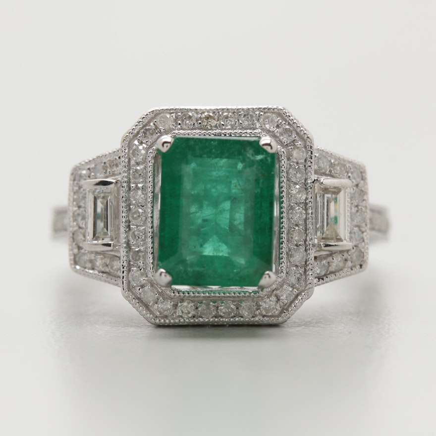 14K White Gold 1.75 CT Emerald and Diamond Ring