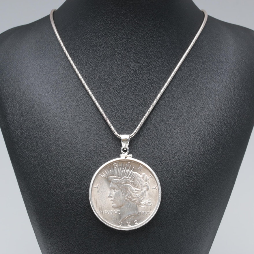 Sterling Silver Necklace with a 1922 Peace Silver Dollar