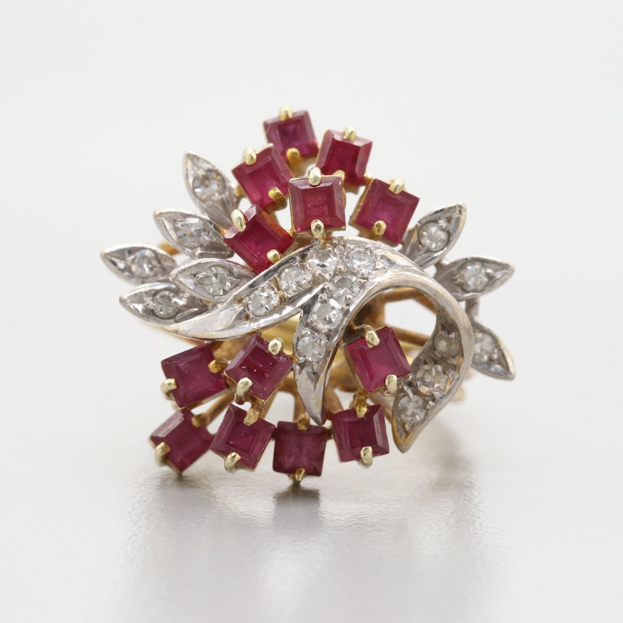 14K Yellow Gold Ruby and Diamond Ring with White Gold Accents