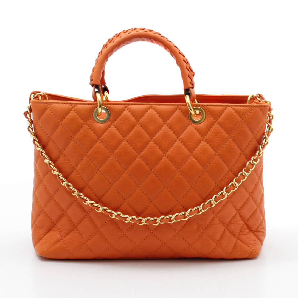 Lavorazione Artigianale Quilted Leather Shoulder Bag in Persimmon, Made in Italy