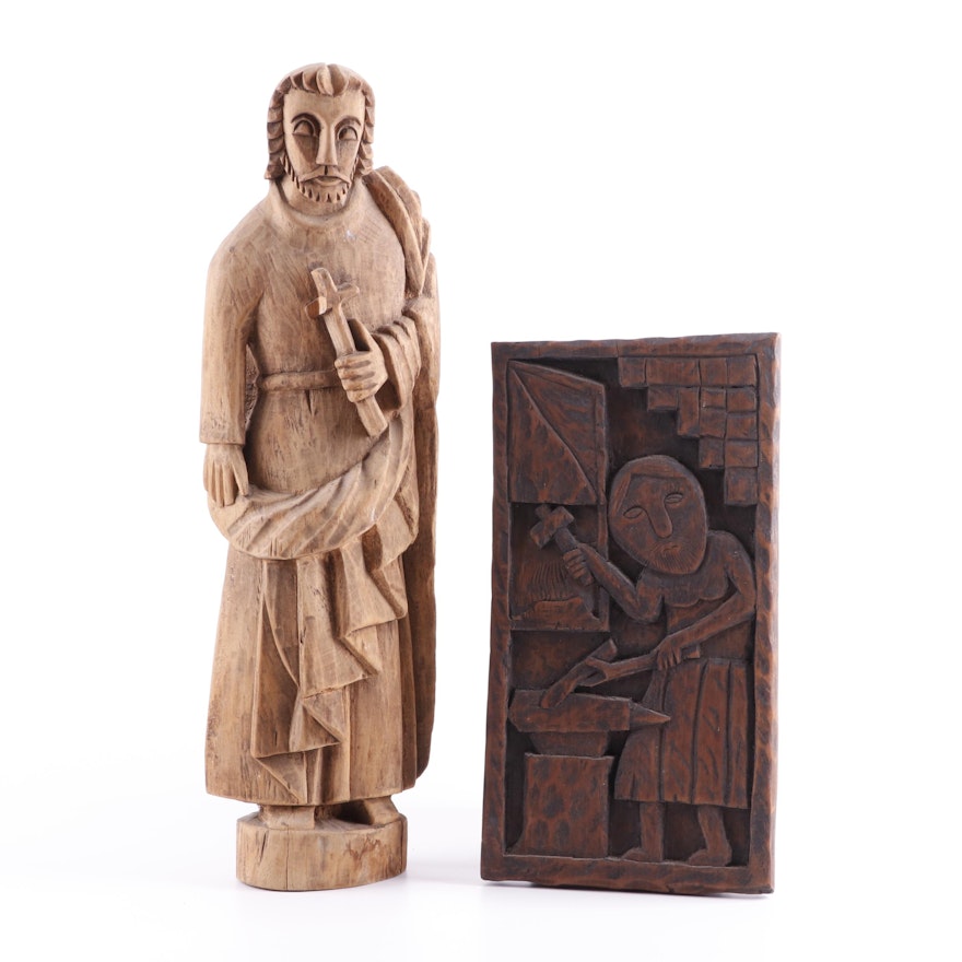 Wood Sculpture of a Male Saint and Carved Wood Plaque of Blacksmith