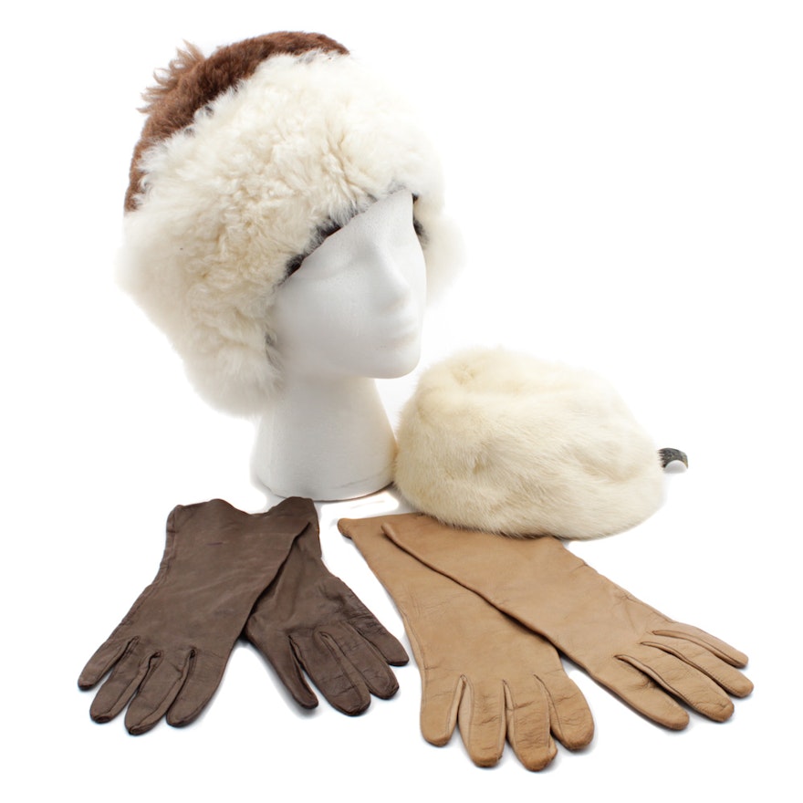 Vintage Soft Leather Gloves with Alpaca and Mink Fur Hats