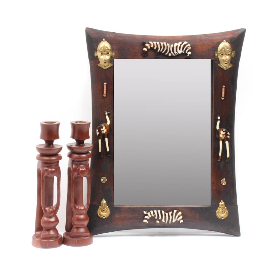 Hand Carved African Candlesticks and Wall Mirror