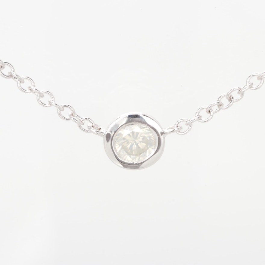 14K White Gold Diamond Bezel Solitaire Necklace