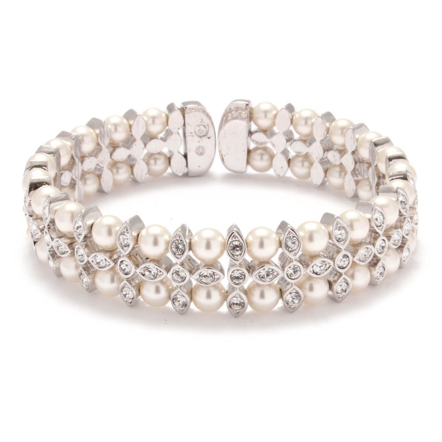 Swarovski Silver Tone Imitation Pearl and Crystal Cuff Bracelet
