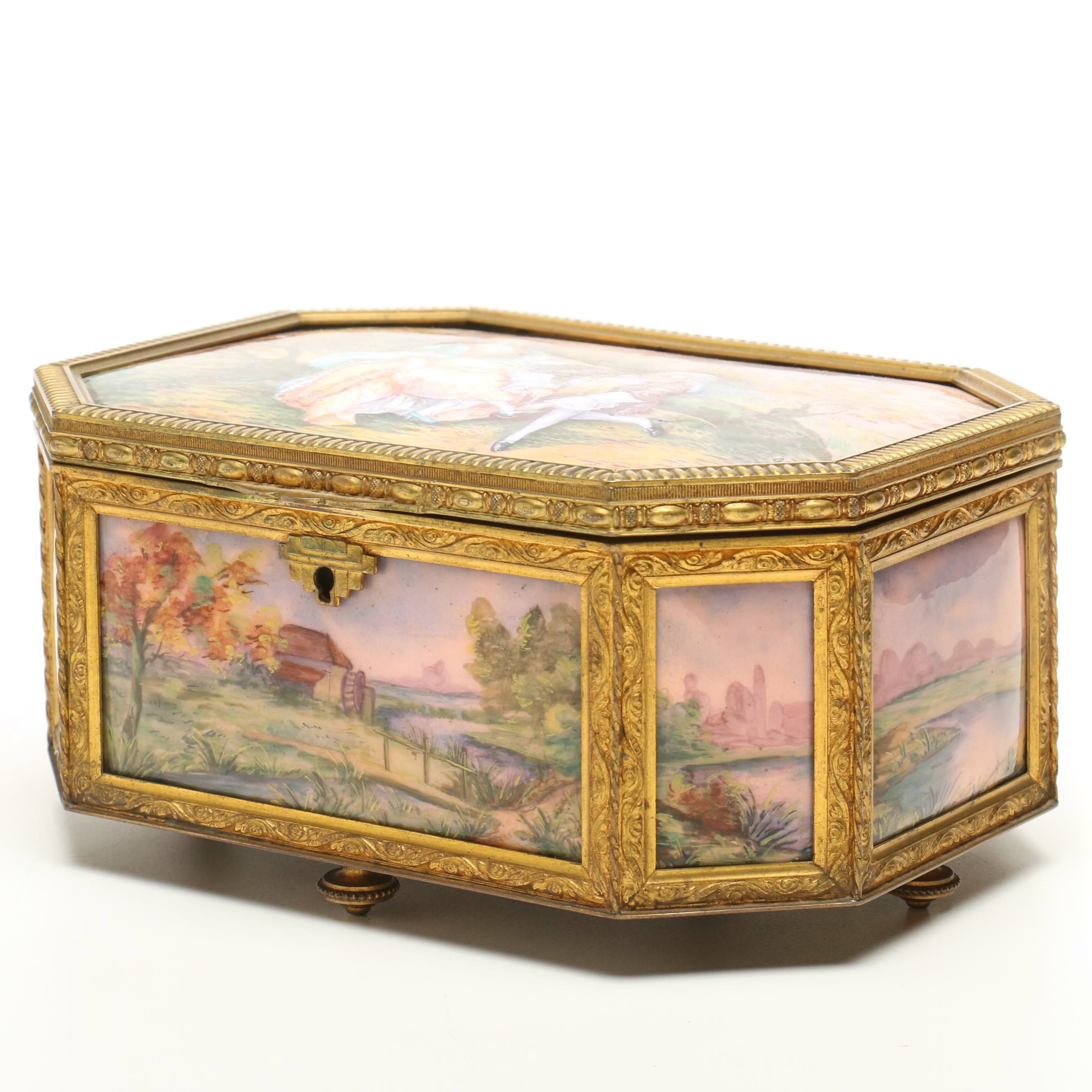 A la Marquise de Sévigné Enamel and Copper Casket Jewelry Box, 19th Century