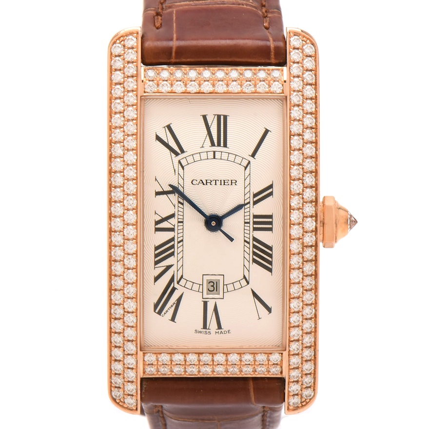 Cartier "Tank Américaine " 18K Rose Gold, Diamond and Leather Wristwatch