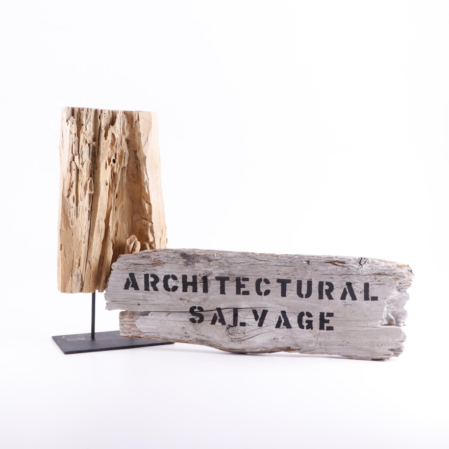 Wooden "Architectural Salvage" Sign and Driftwood on Sculpture Stand