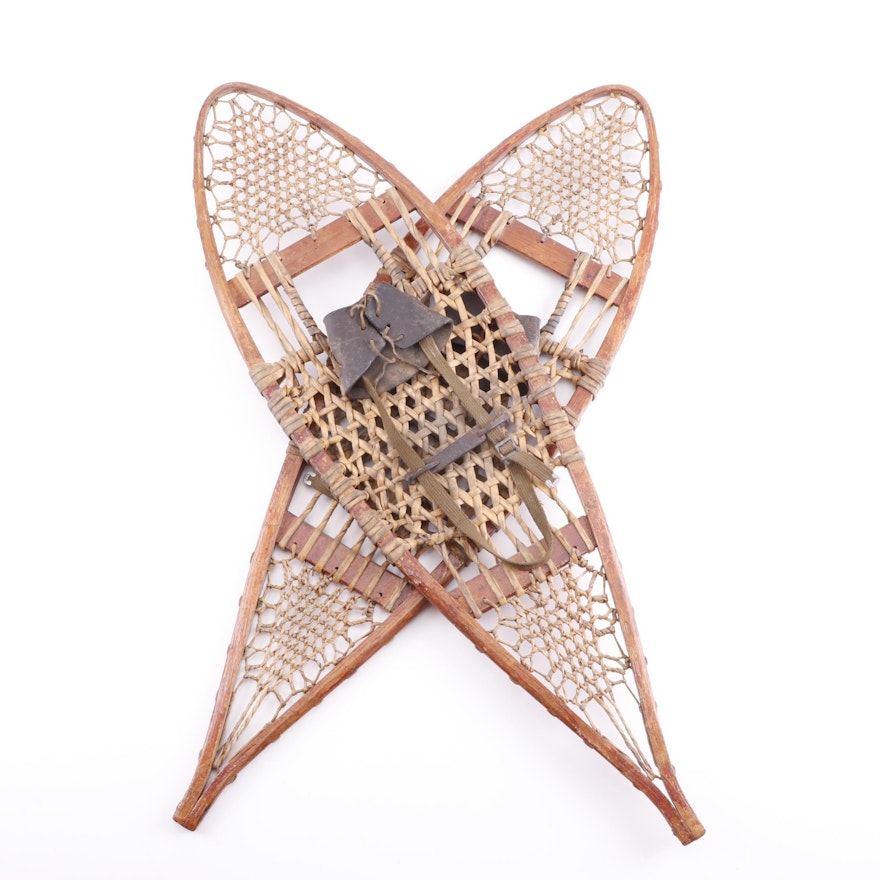 Wood Frame and Leather Snowshoes, Early 20th Century