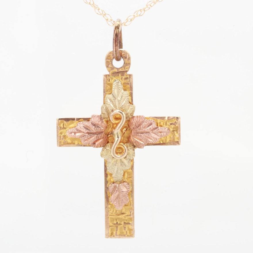 14K Yellow Gold Necklace with Black Hills Gold 10K TriColor Gold Cross