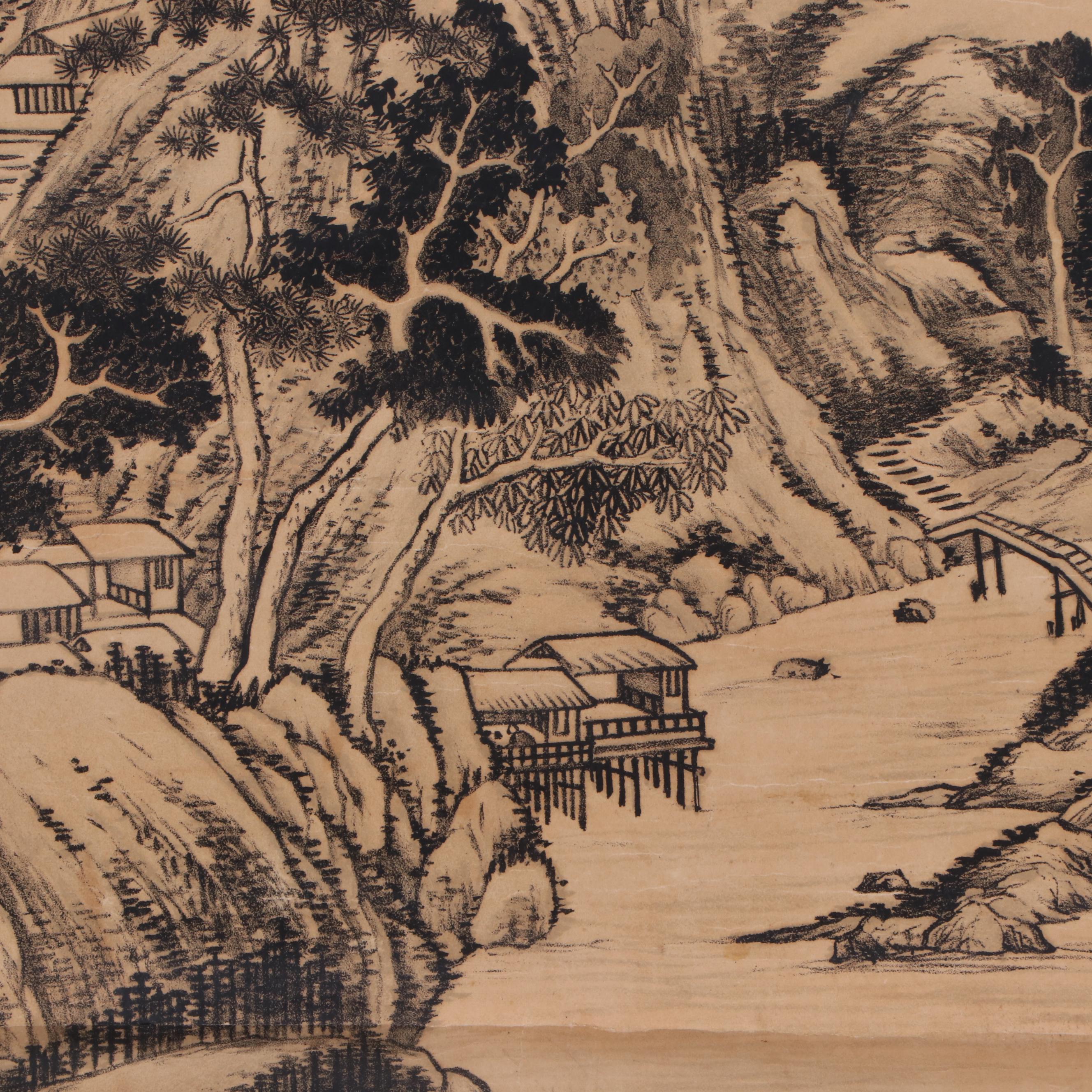 Chinese Mountain Scene Woodblock Print Scroll