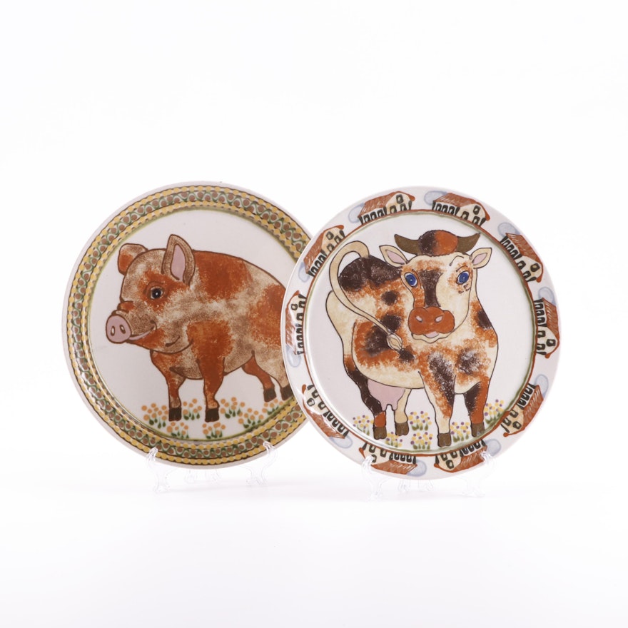 Janet Rothwoman Hand-Painted Barnyard Animal Stoneware Plates