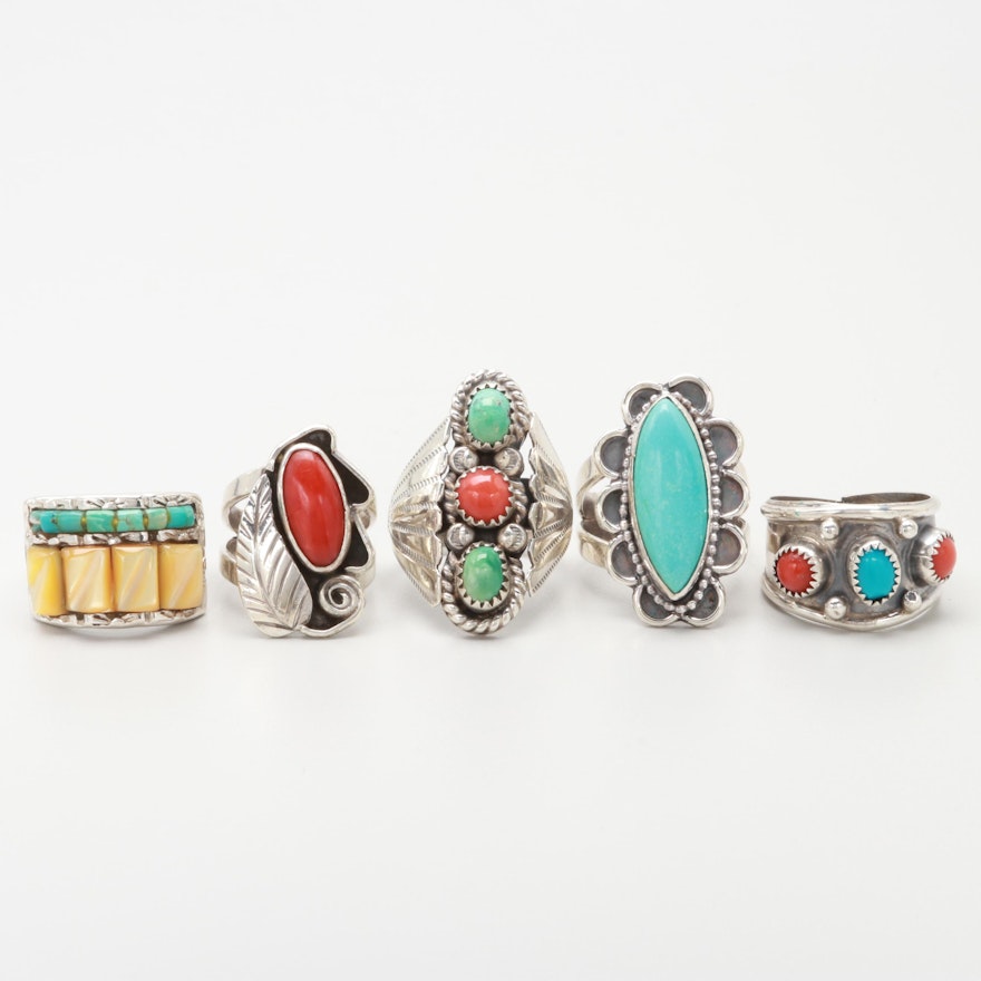 Sterling Silver Gemstone Ring Assortment Including Abraham Begay Navajo Diné