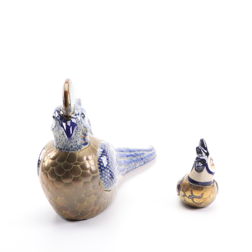 Mexican Folk Art Brass and Hand-Painted Ceramic Bird Figurines after Bustamante