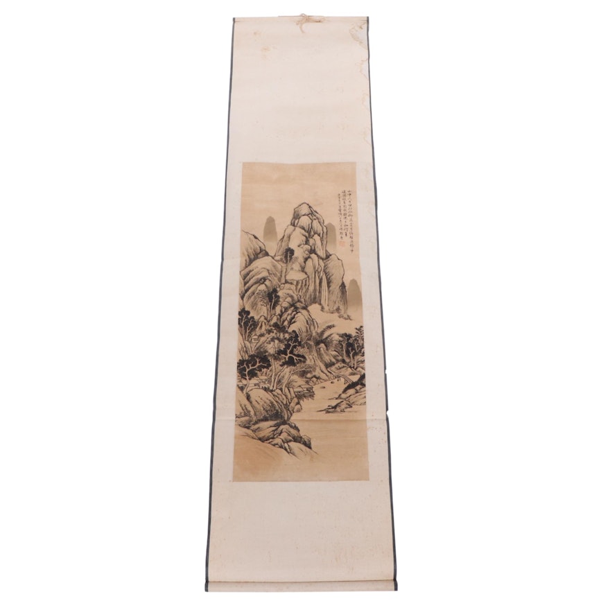 Chinese Mountain Scene Woodblock Print Scroll