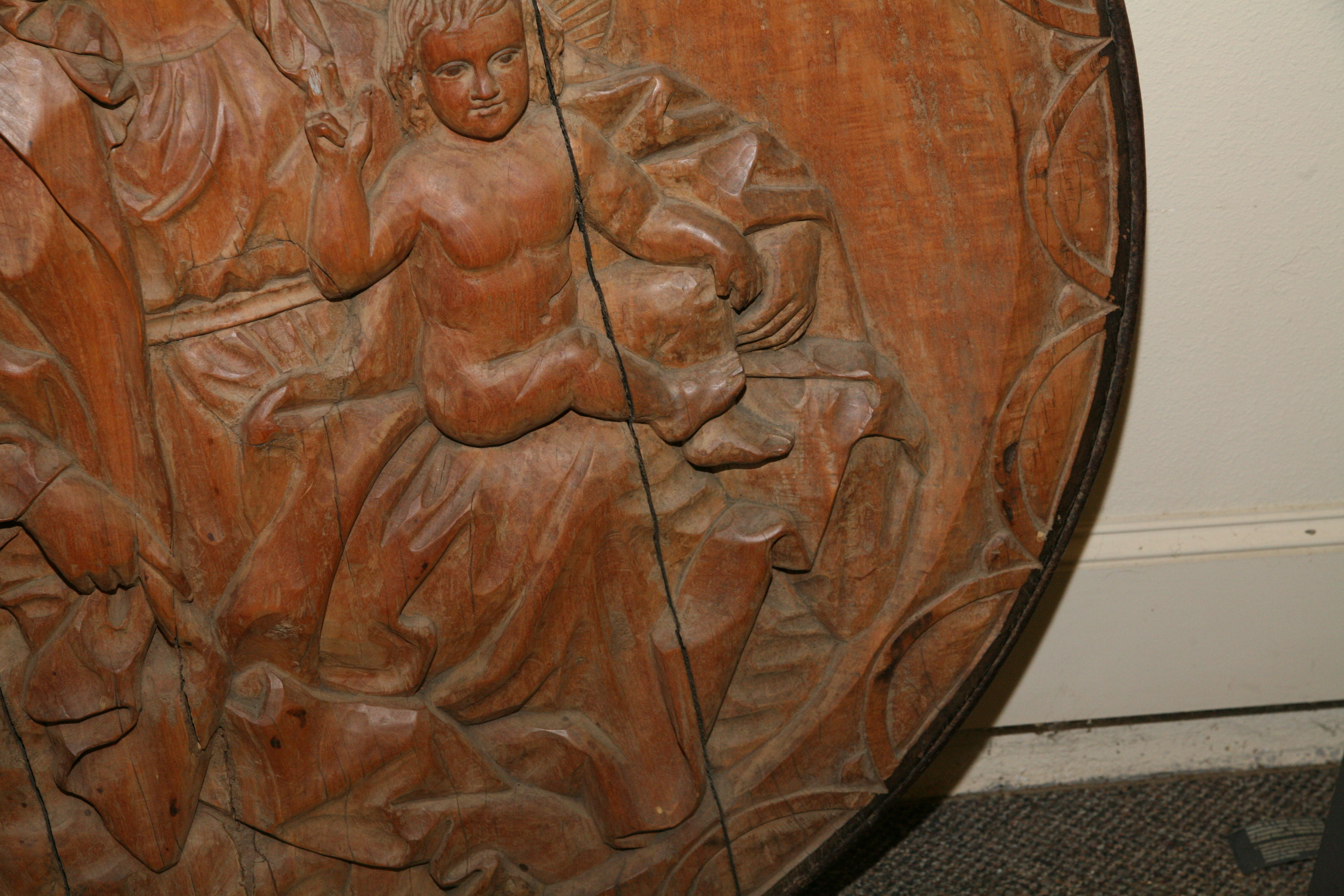 South German Madonna and Child Iron-Rimmed Oak Rondel, Early 19th Century