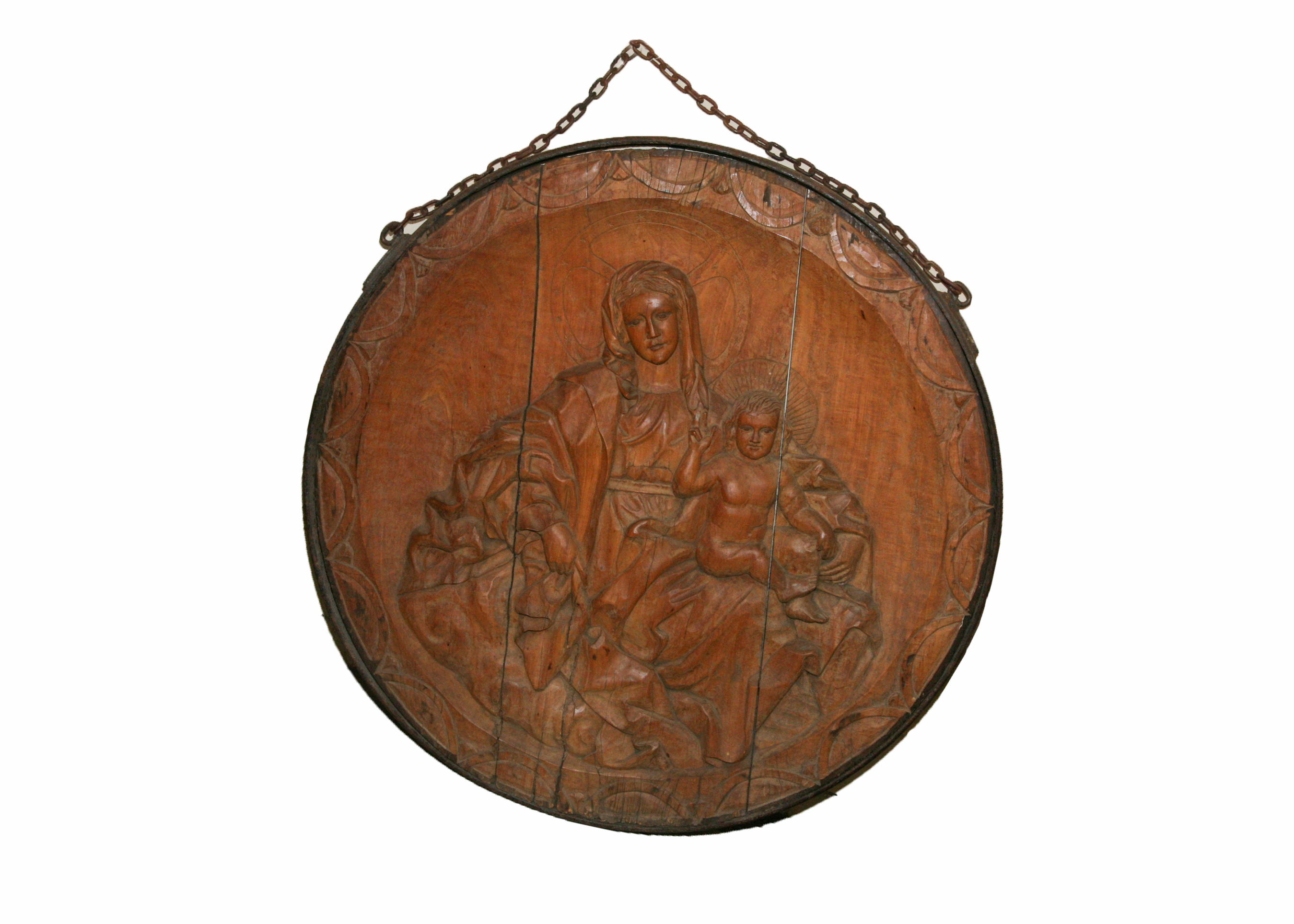 South German Madonna and Child Iron-Rimmed Oak Rondel, Early 19th Century