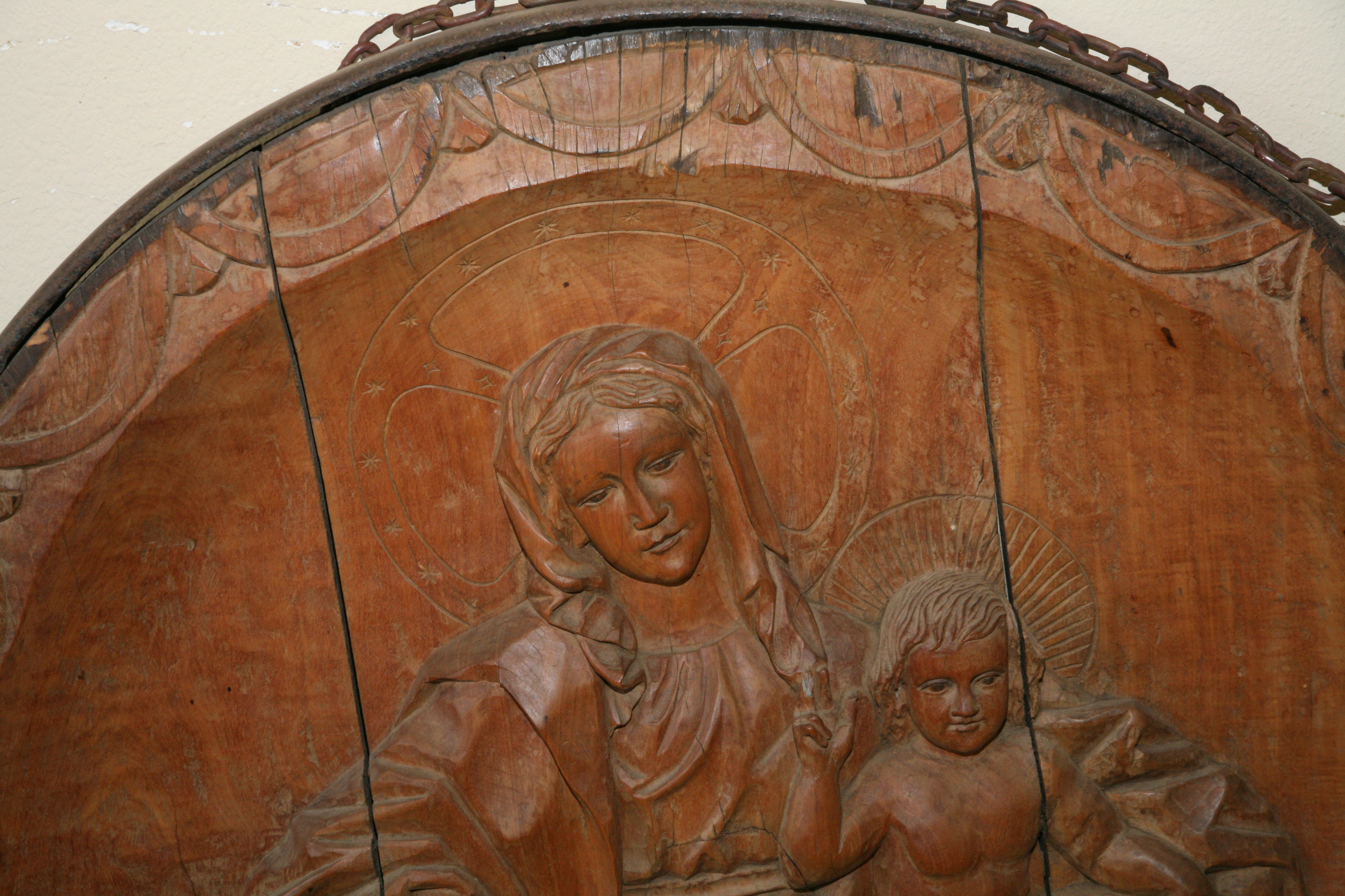 South German Madonna and Child Iron-Rimmed Oak Rondel, Early 19th Century