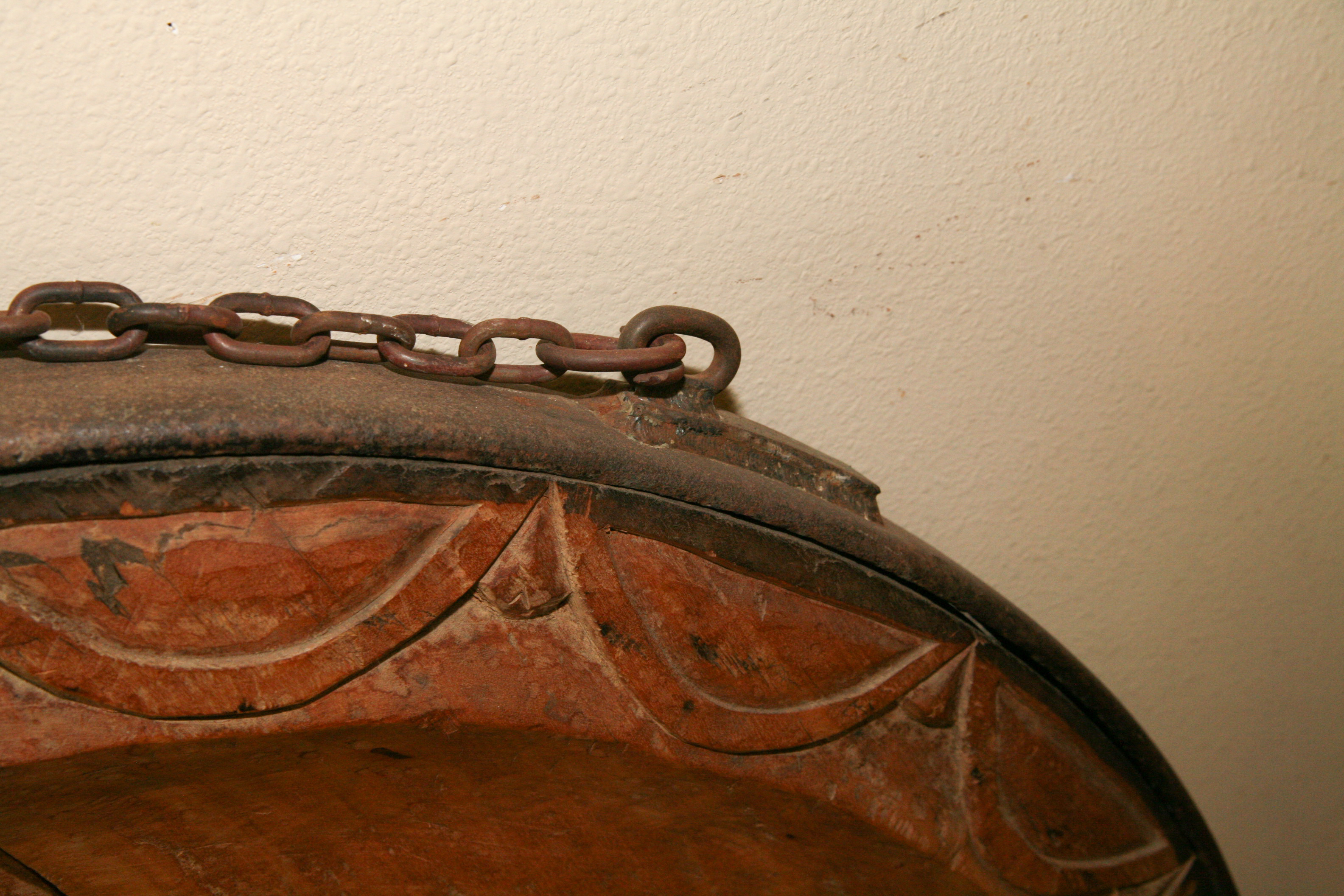 South German Madonna and Child Iron-Rimmed Oak Rondel, Early 19th Century