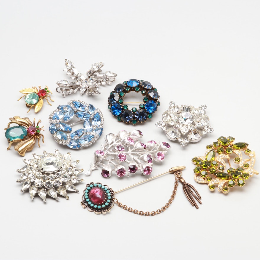 Silver and Gold Tone Glass Rhinestone Brooches with Eisenberg, Weiss, and Hobé