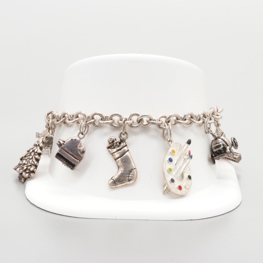 Sterling Silver Enamel and Cubic Zirconia Ten Charm Bracelet