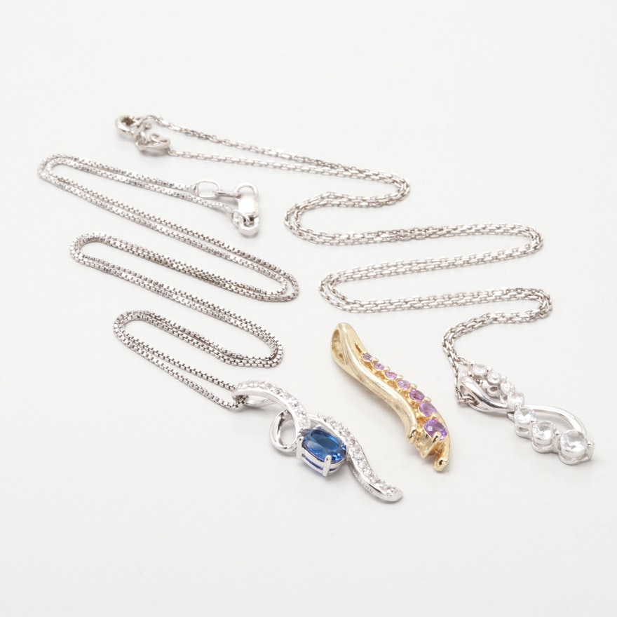 Sterling Amethyst, White Sapphire, and Synthetic Sapphire Necklaces and Pendant