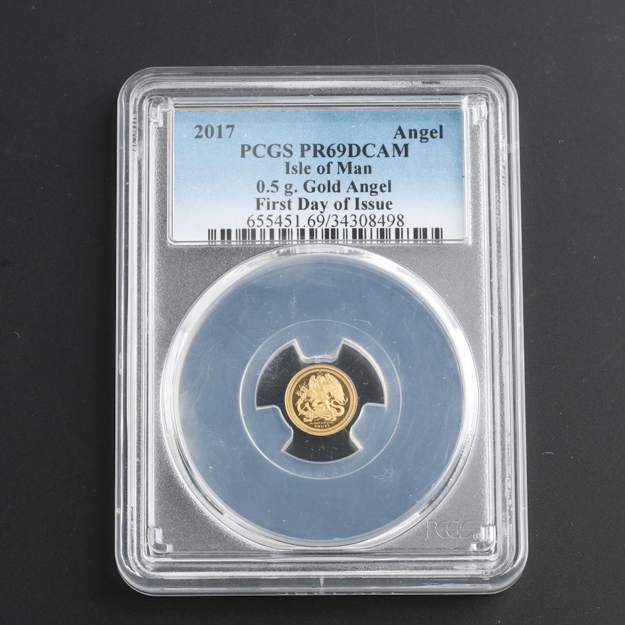 PCGS Graded PR69DCAM 2017 Isle of Man 1/2 Gram Gold Angel Coin