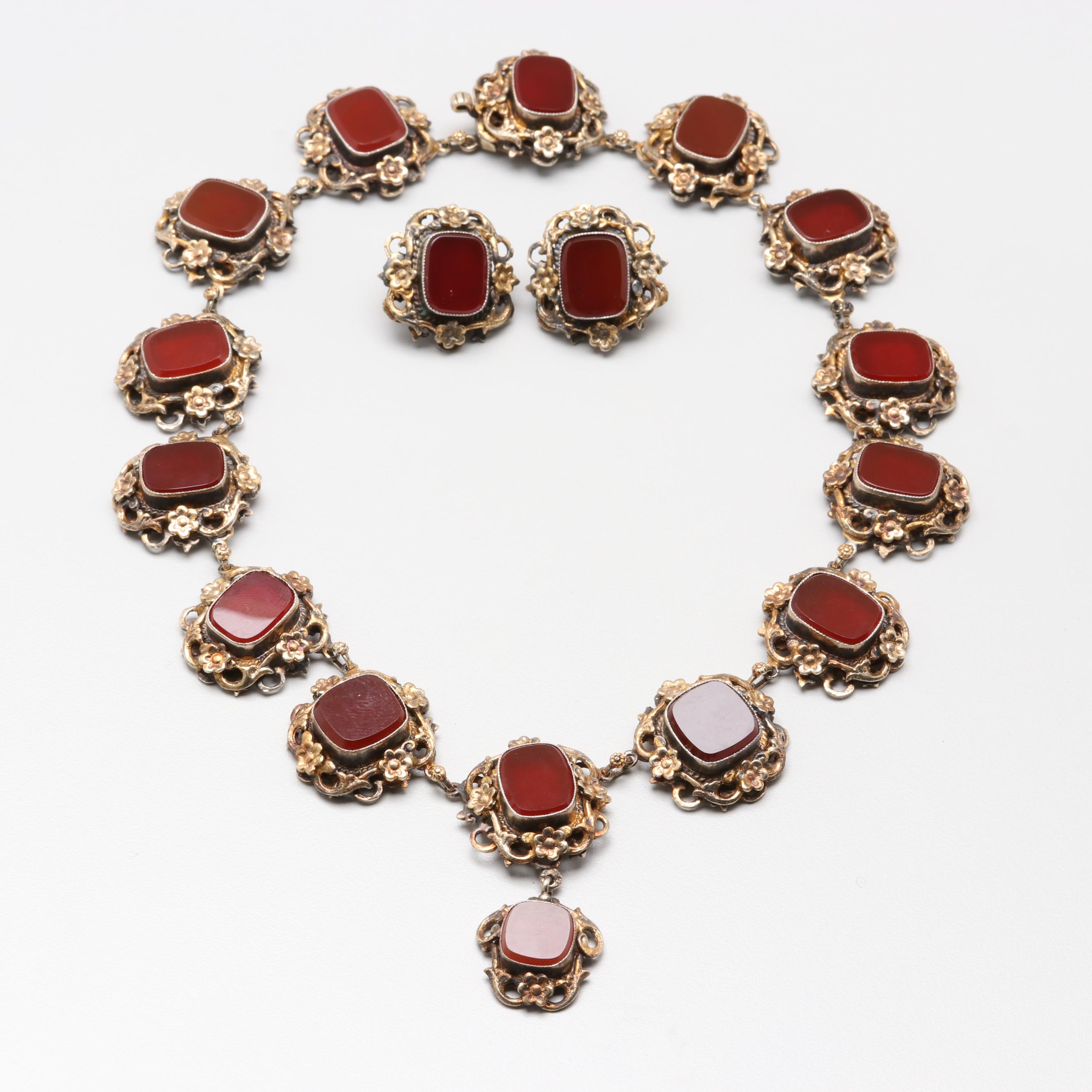 Vintage Egyptian Gold Wash on 900 Silver Carnelian Necklace and Earrings