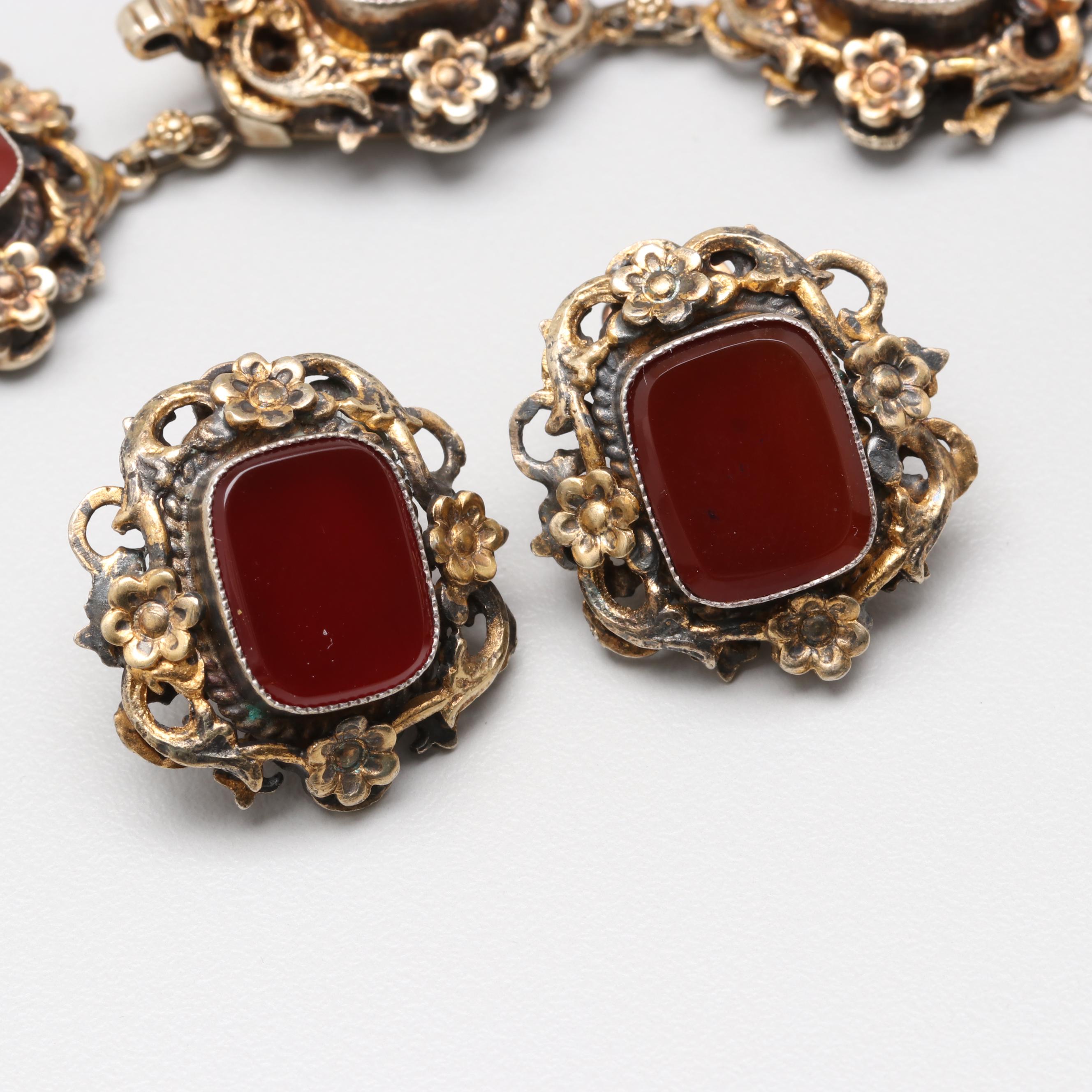 Vintage Egyptian Gold Wash on 900 Silver Carnelian Necklace and Earrings