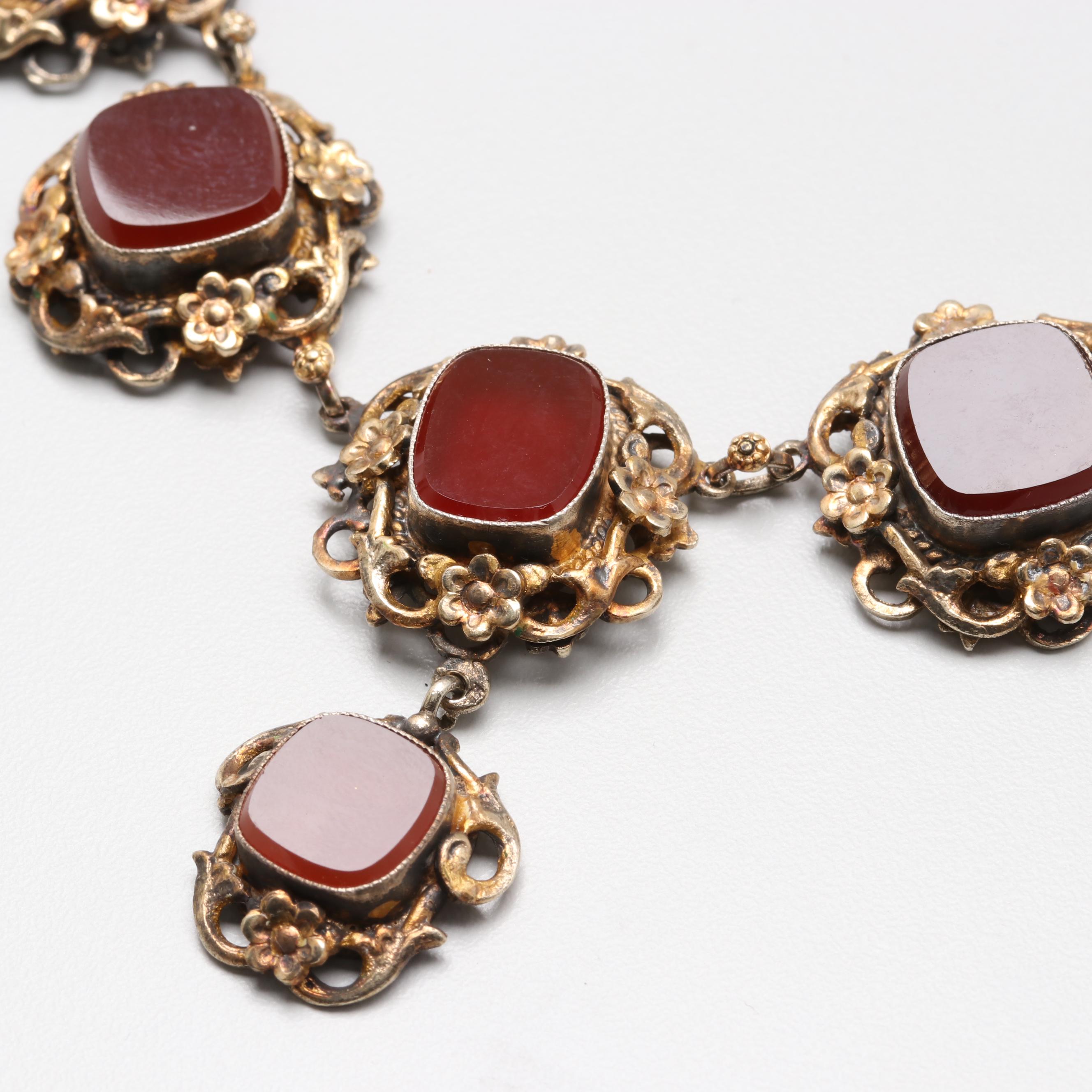 Vintage Egyptian Gold Wash on 900 Silver Carnelian Necklace and Earrings