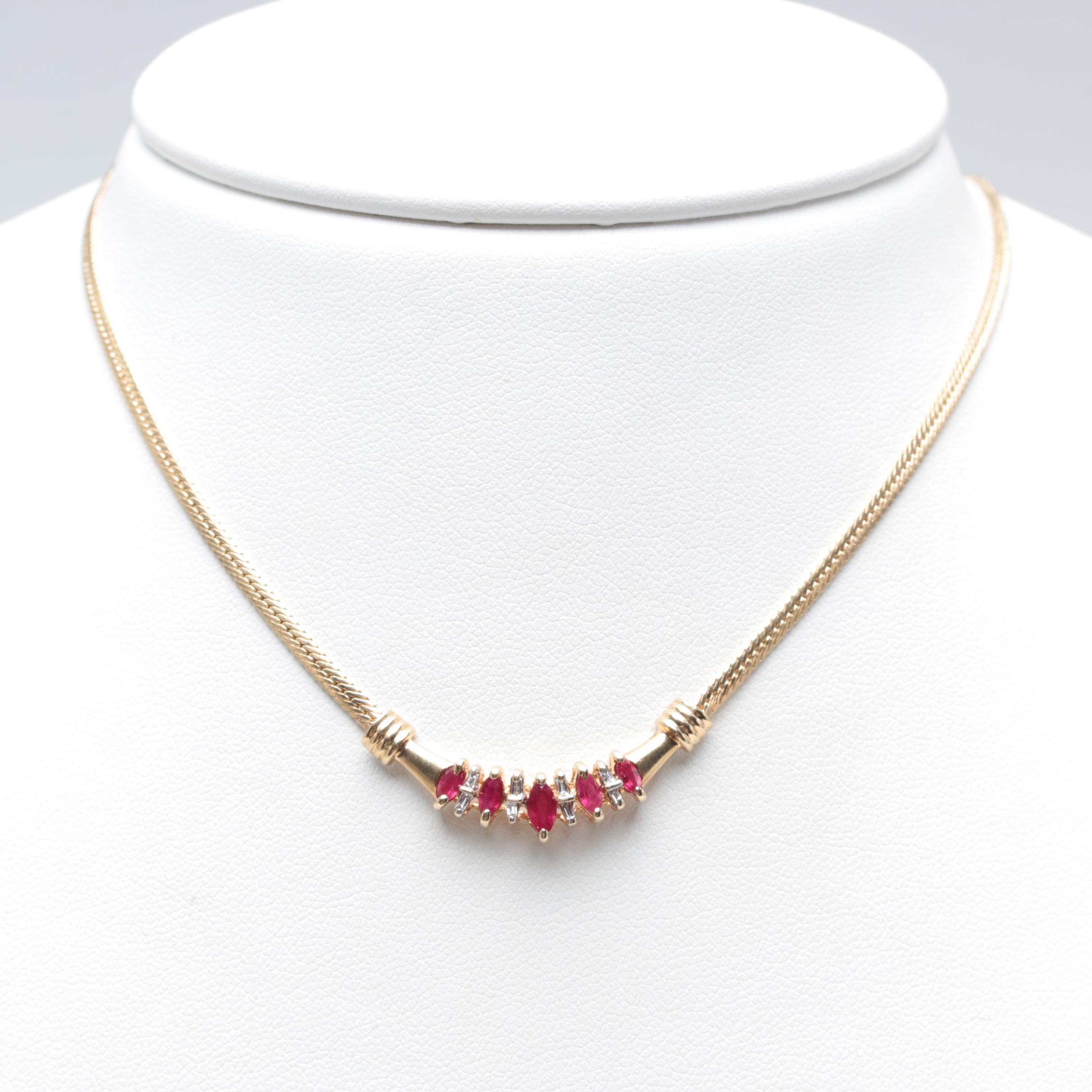 10K Yellow Gold Ruby and Diamond Necklace