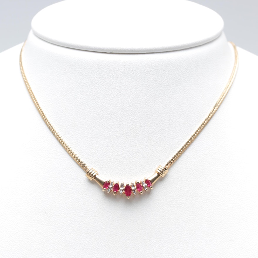 10K Yellow Gold Ruby and Diamond Necklace