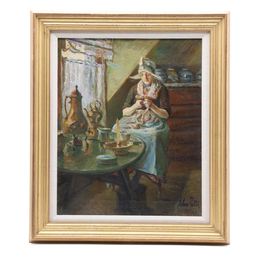 John Rettig 1923 Oil Painting of Dutch Genre Scene