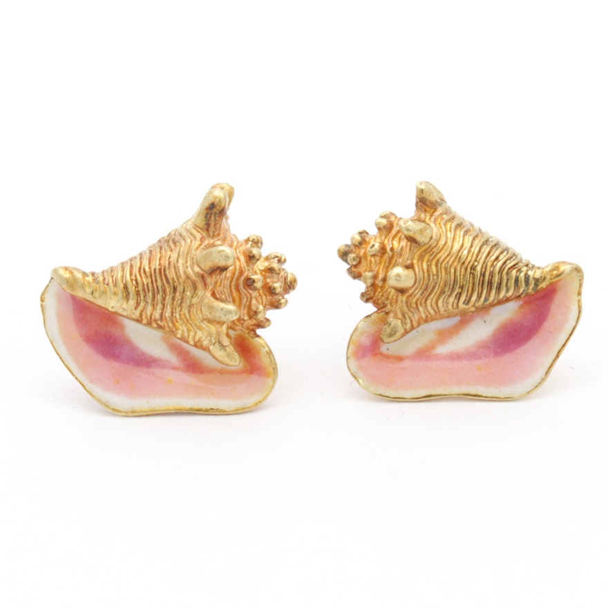 Kabana 18K Yellow Gold Enameled Conch Shell Earrings