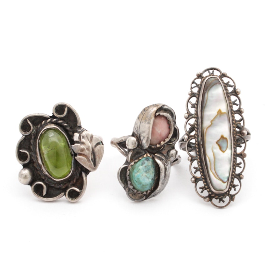 Sterling Silver Rings with Turquoise, Peridot and Mother of Pearl