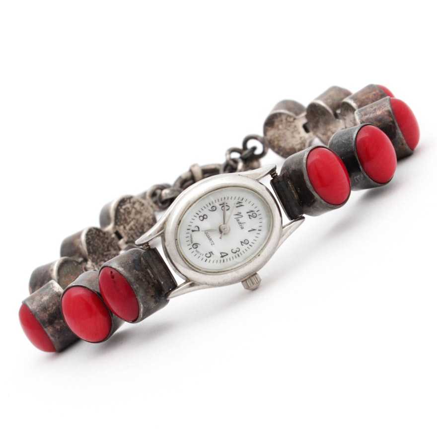 Sterling Silver and Coral Bracelet Wristwatch