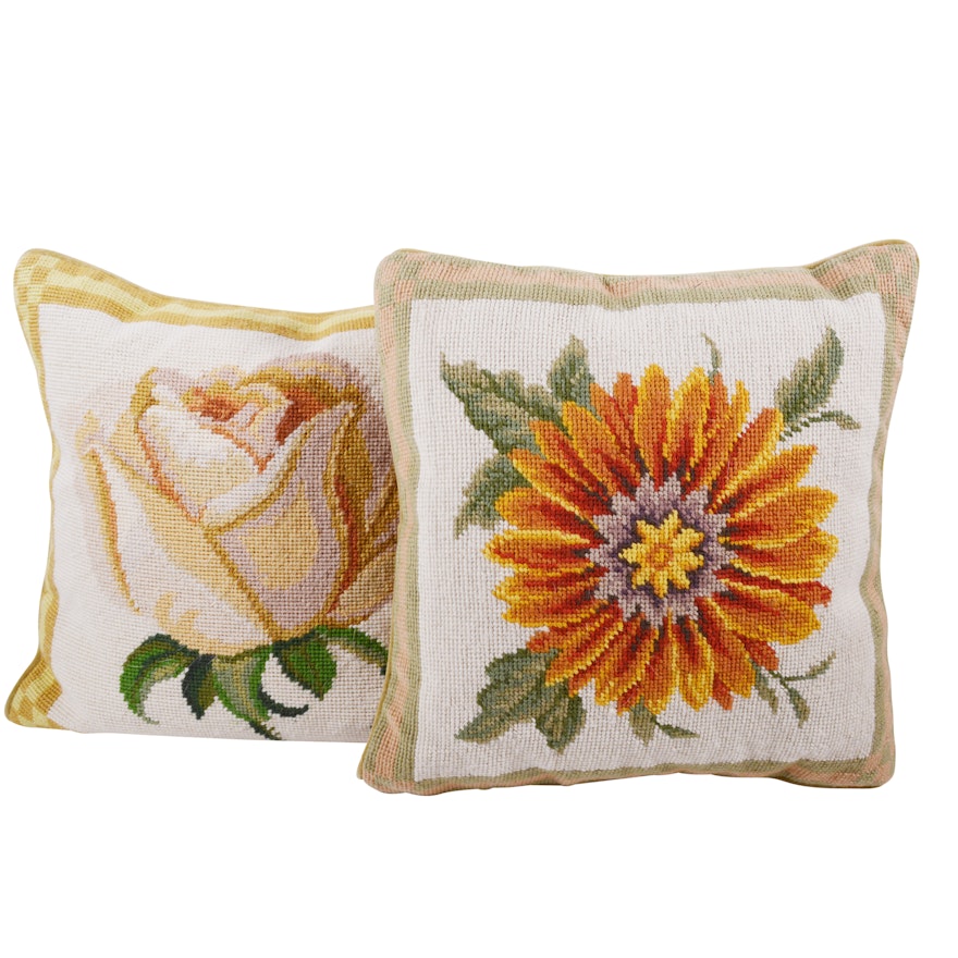 Two Floral Needlepoint Pillows