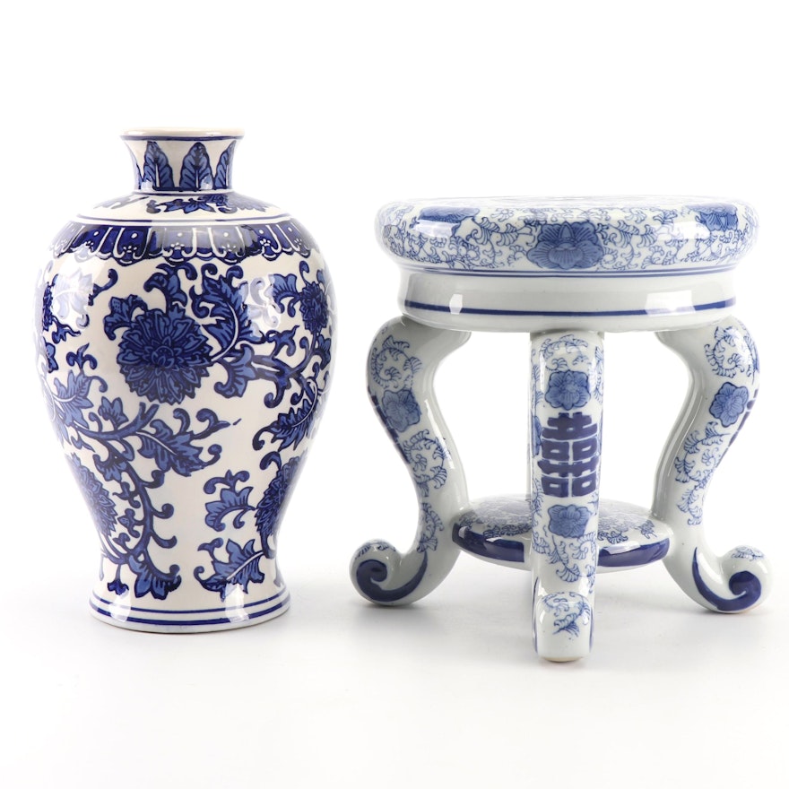 Chinese Blue and White Ceramic Vase and Stand