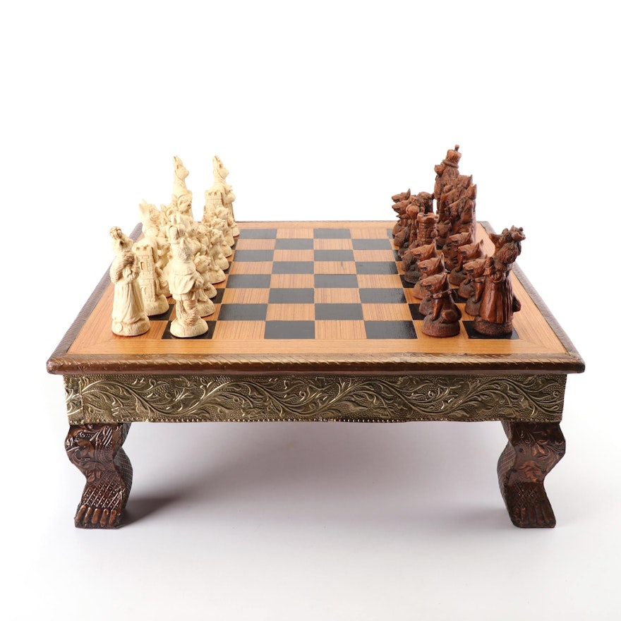 SIAB Cat and Dog Resin Chess Set on Raised Wood and Embossed Metal Board