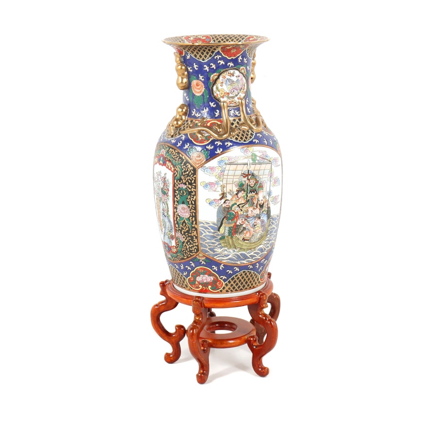 Chinese Hand-Painted Porcelain Floor Vase with Carved Wooden Stand