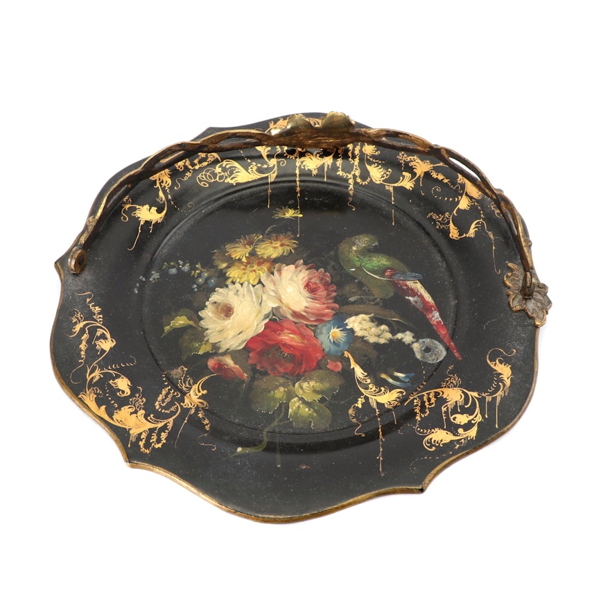 Hand-Painted Lacquerware Serving Tray with Metal Handle, 19th Century