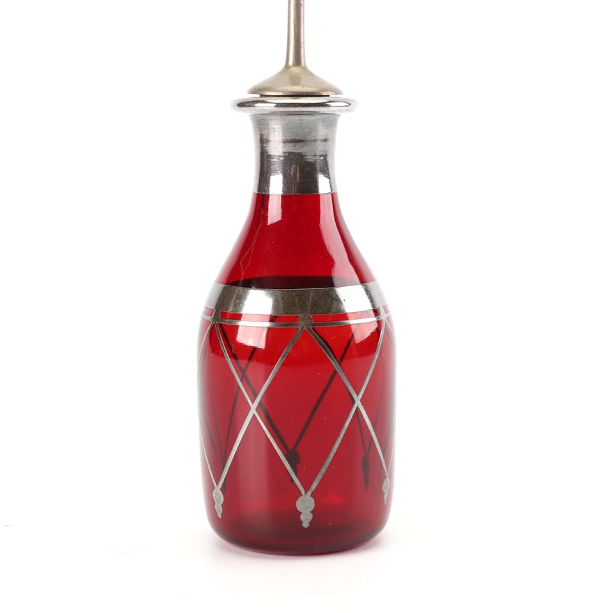 National Ruby Flashed Glass Oil or Vinegar Cruet with Sterling Overlay