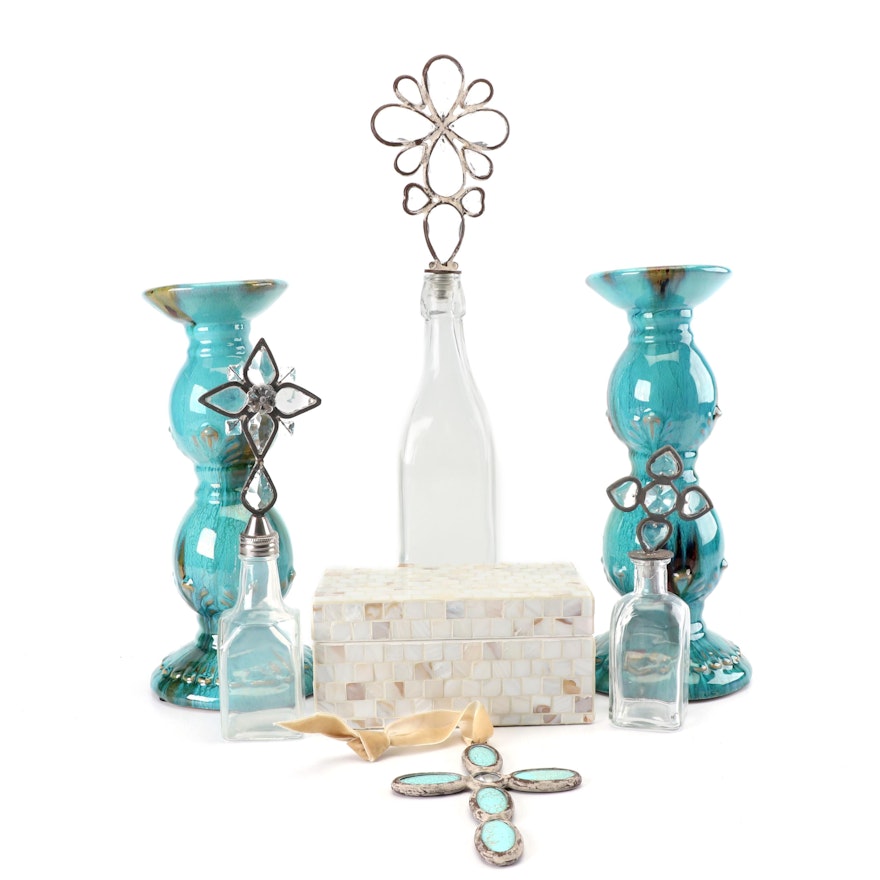 Glass Bottles, Ceramic Candle Holders, and Other Decor
