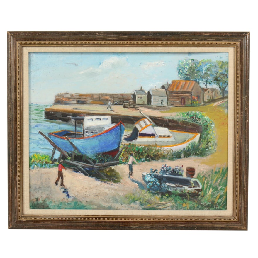 Oil Painting of Harbor Scene, 20th Century