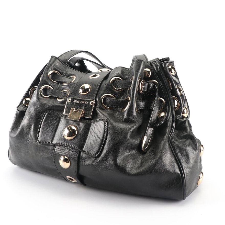 Jimmy Choo Black Leather Large Stud and Grommet Accented Handbag