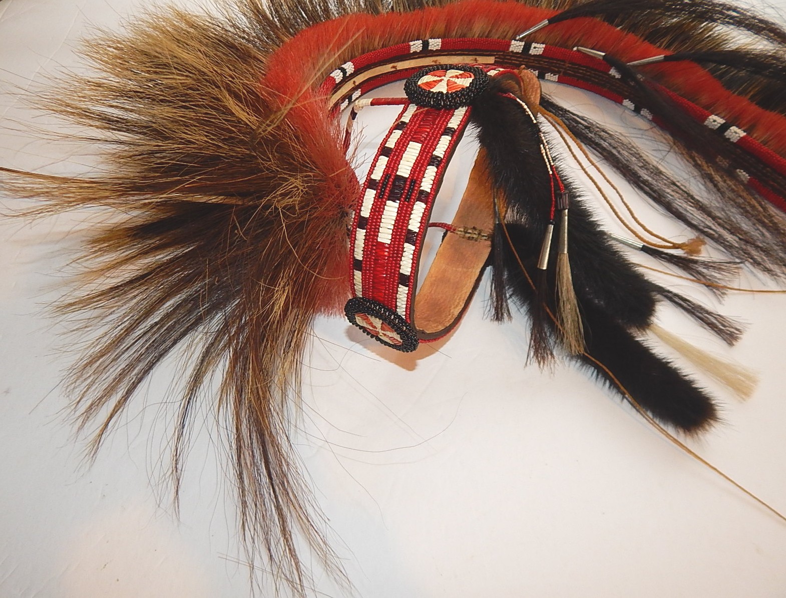 Native American Hair Roach with Beaded Headband, Feathers, Braided Leather