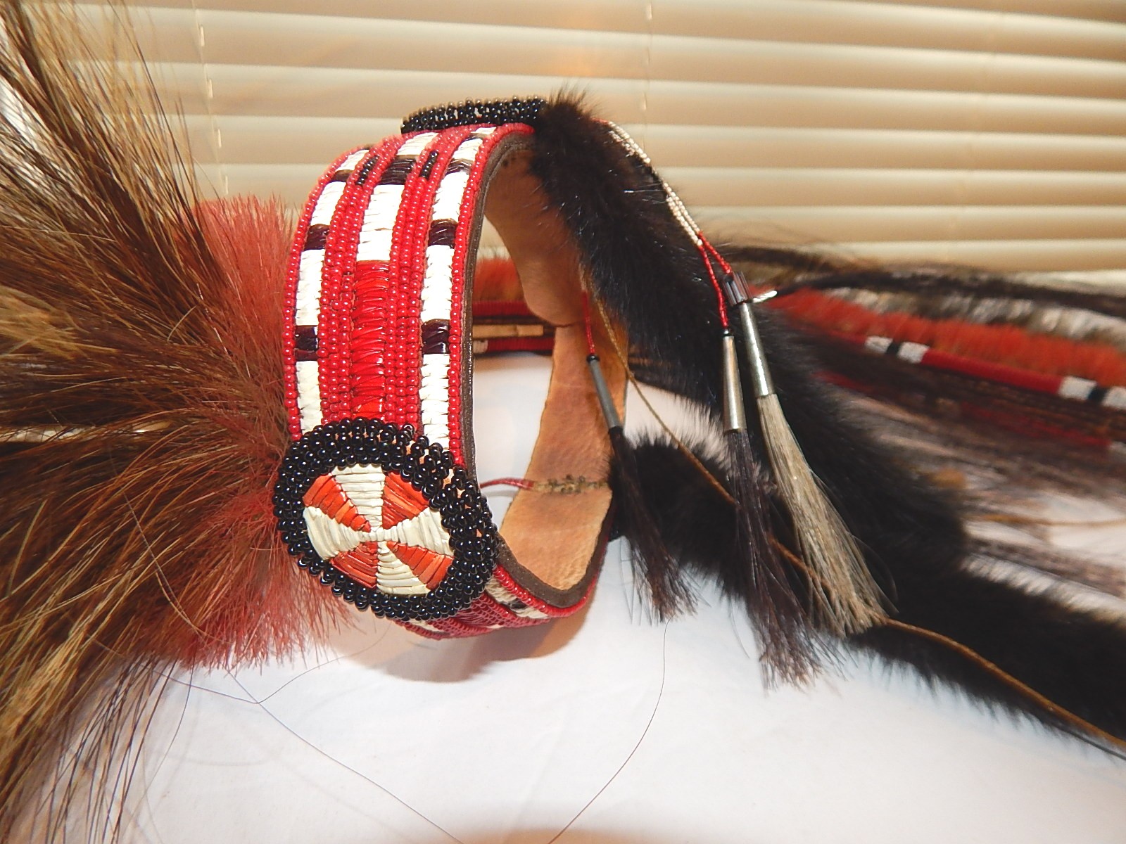 Native American Hair Roach with Beaded Headband, Feathers, Braided Leather