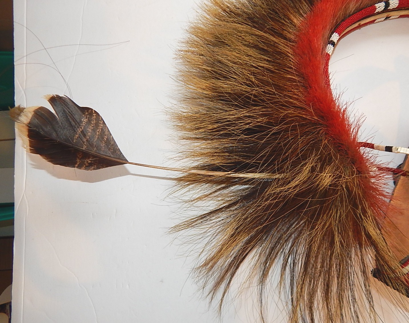 Native American Hair Roach with Beaded Headband, Feathers, Braided Leather